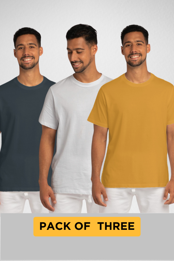 Pack Of 3 Plain T-Shirts White Petrol Blue And Mustard Yellow For Men - WowWaves - 1