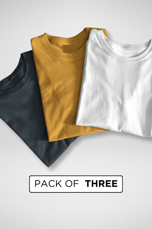 Pack Of 3 Plain T-Shirts White Petrol Blue And Mustard Yellow For Men - WowWaves
