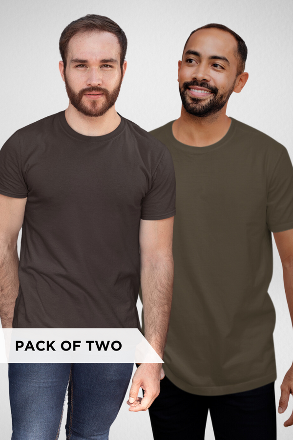 Coffee Brown And Olive Green Plain T-Shirts Combo For Men - WowWaves