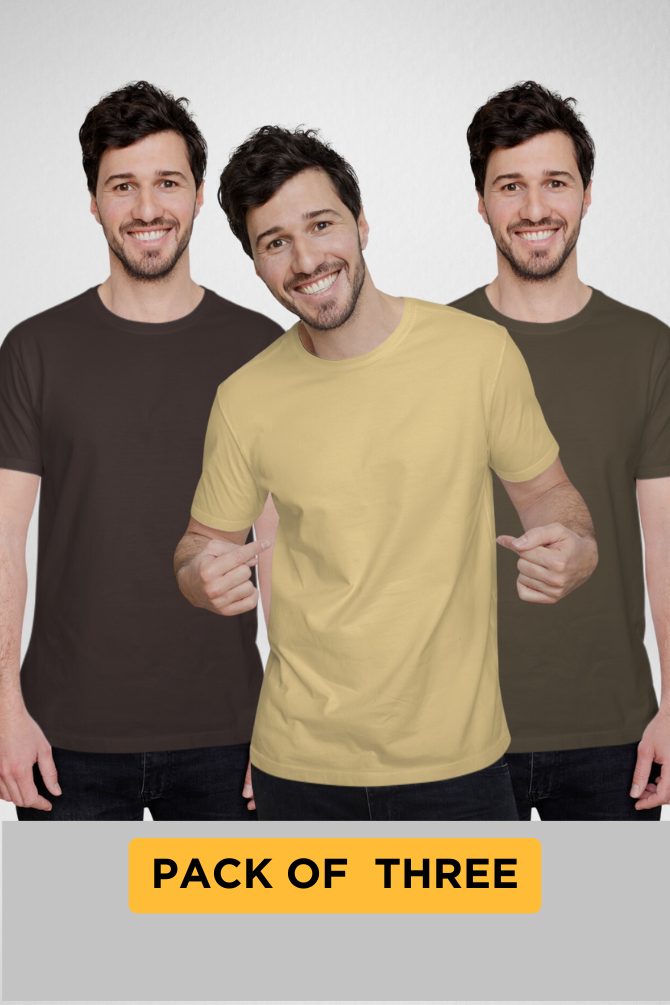 Pack Of 3 Plain T-Shirts Coffee Brown Olive Green And Beige For Men - WowWaves - 1