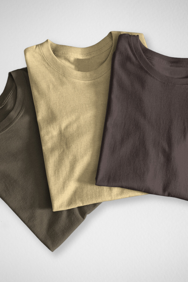 Pack Of 3 Plain T-Shirts Coffee Brown Olive Green And Beige For Men - WowWaves