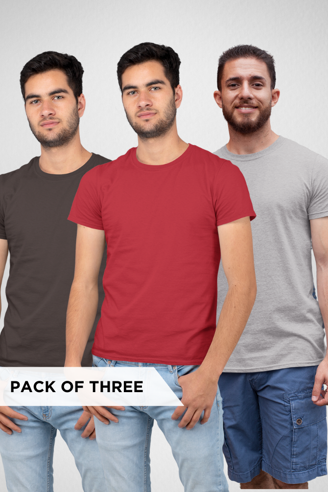 Pack Of 3 Plain T-Shirts Coffee Brown Red And Grey Melange For Men - WowWaves - 1