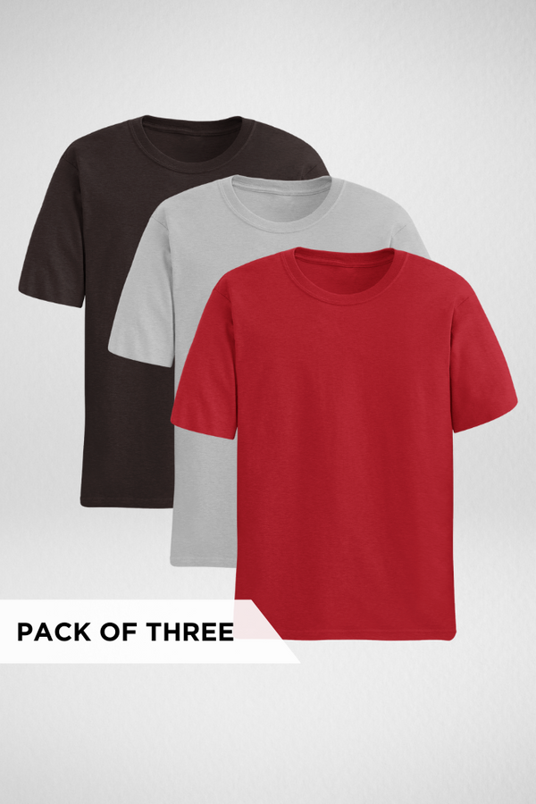 Pack Of 3 Plain T-Shirts Coffee Brown Red And Grey Melange For Men - WowWaves