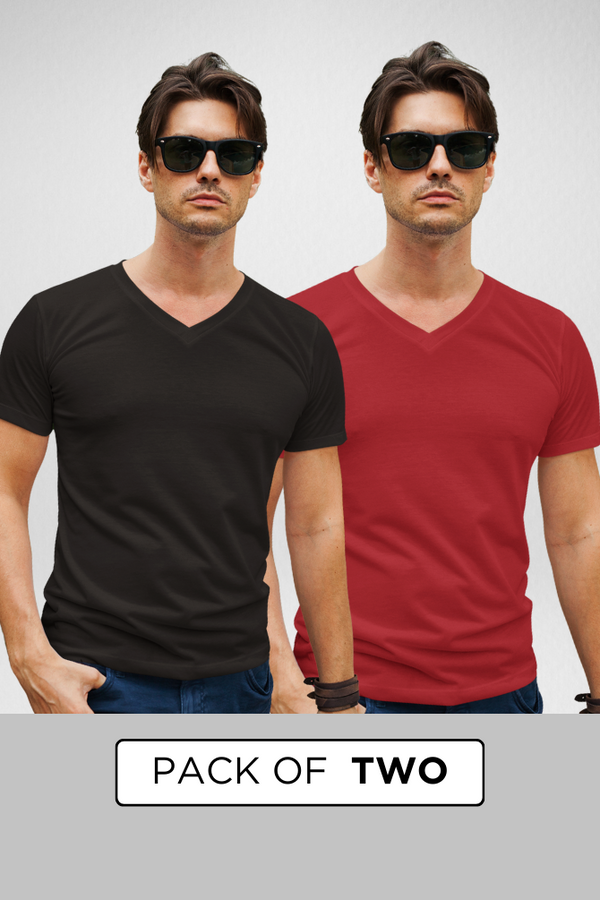 Black And Red V Neck T-Shirts Combo For Men - WowWaves