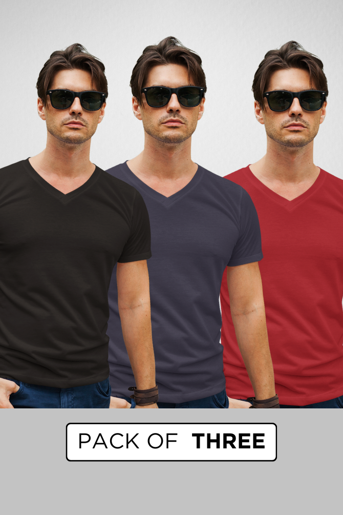 Pack Of 3 V Neck T-Shirts Navy Blue Red And Black For Men - WowWaves - 1