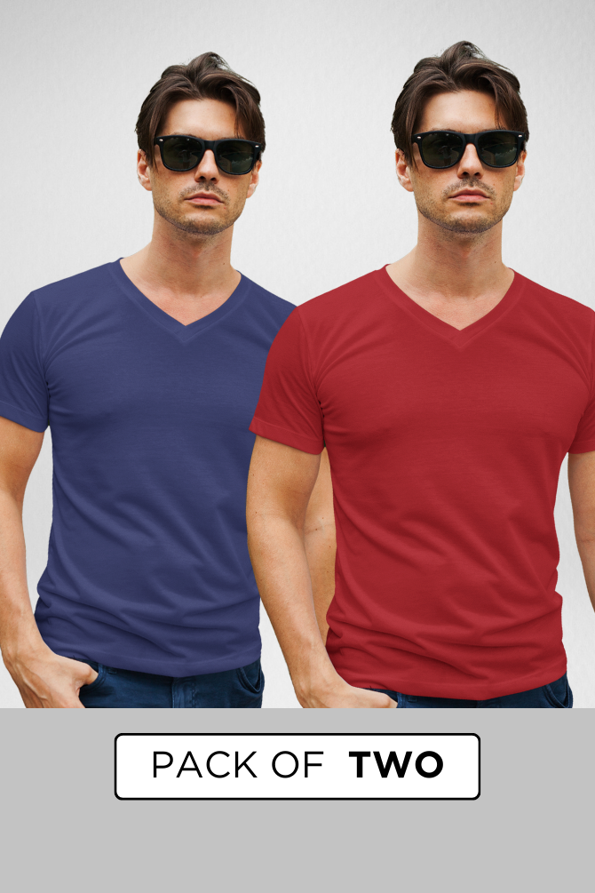 Red And Royal Blue V Neck T-Shirts Combo For Men - WowWaves - 1