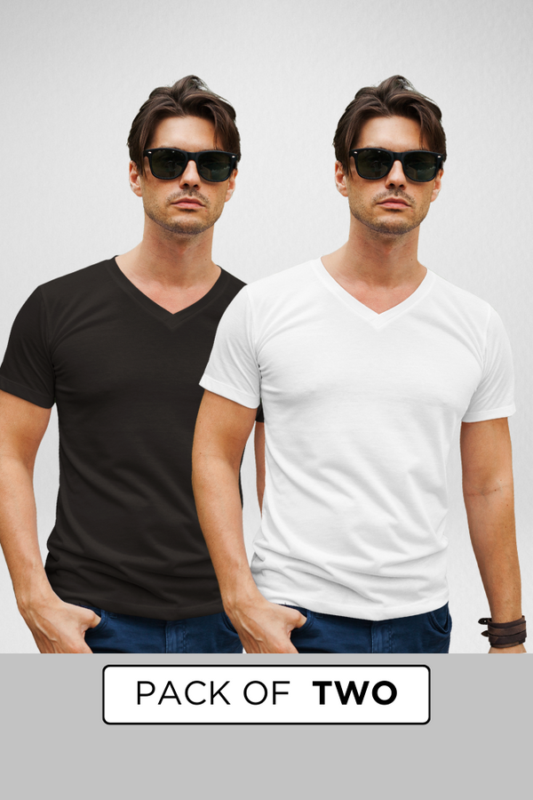 White And Black V Neck T-Shirts Combo For Men - WowWaves