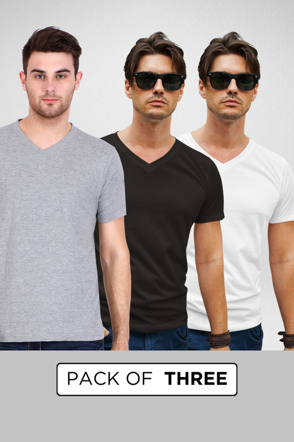 Pack Of 3 V Neck T-Shirts White Black And Grey Melange For Men - WowWaves
