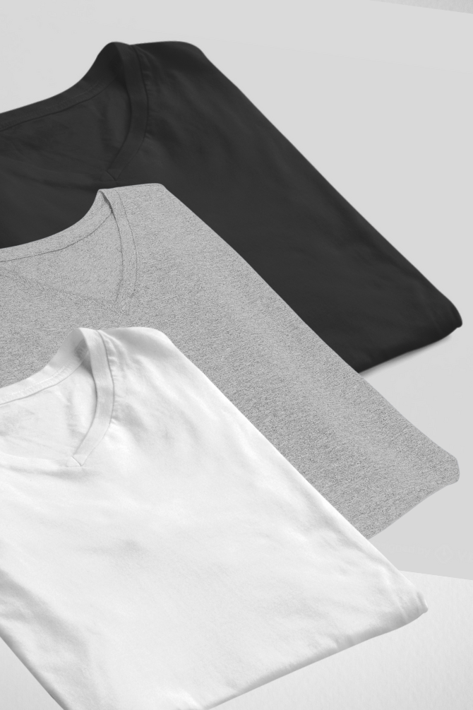 Pack Of 3 V Neck T-Shirts White Black And Grey Melange For Men - WowWaves - 1