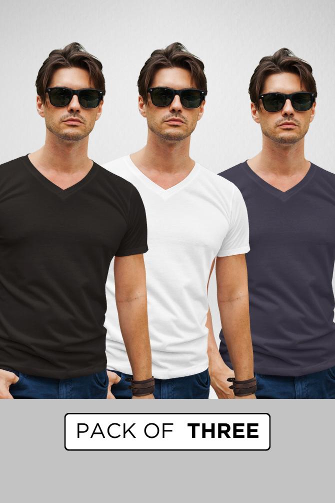 Pack Of 3 V Neck T-Shirts White Black And Navy Blue For Men - WowWaves - 1