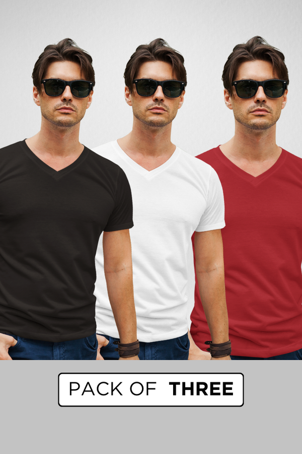 Pack Of 3 V Neck T-Shirts White Black And Red For Men - WowWaves