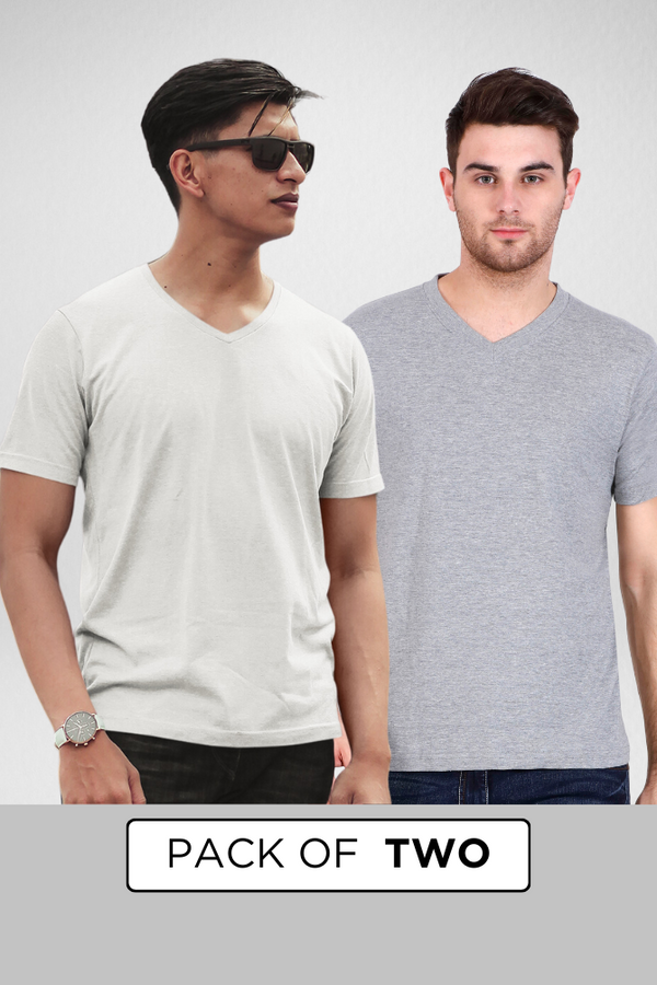 White And Grey Melange V Neck T-Shirts Combo For Men - WowWaves