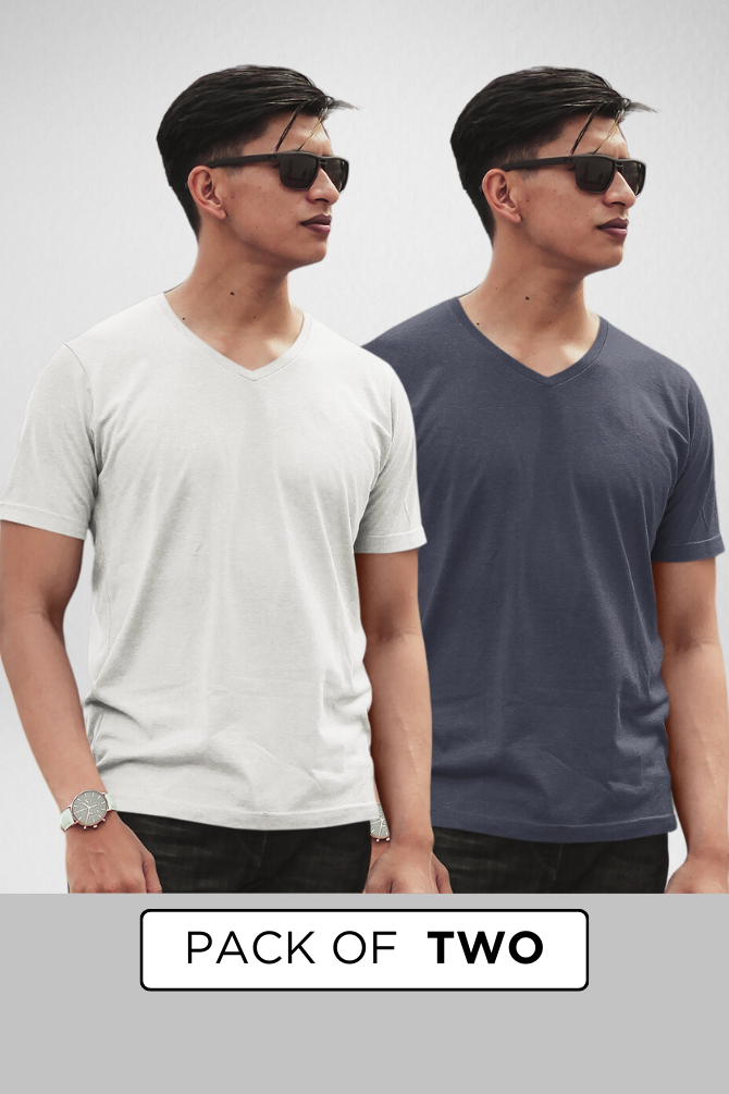 White And Navy Blue V Neck T-Shirts Combo For Men - WowWaves - 1