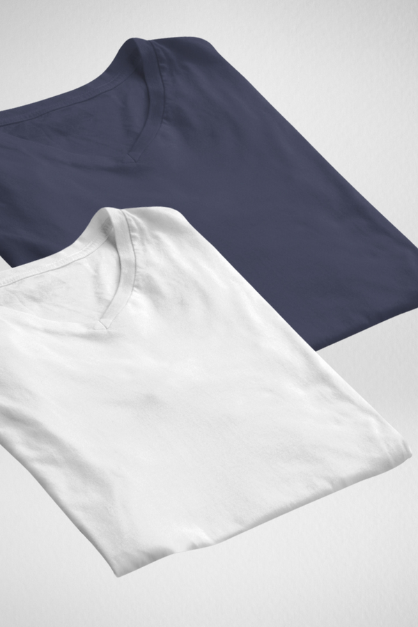 White And Navy Blue V Neck T-Shirts Combo For Men - WowWaves
