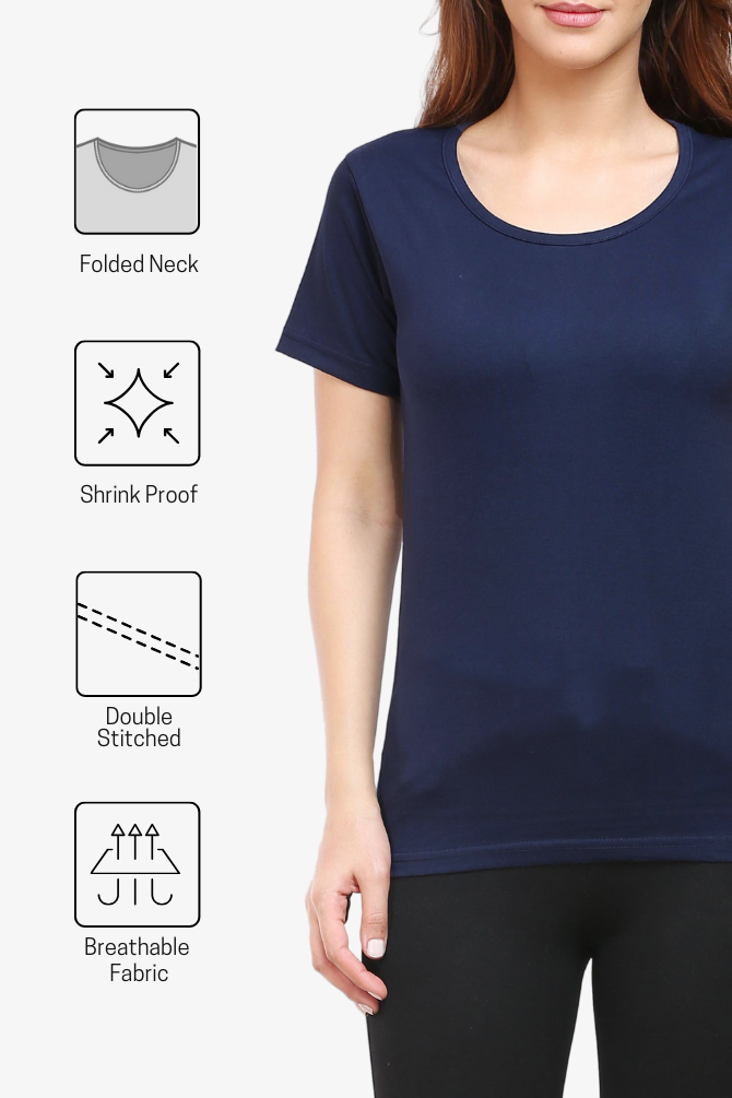 Navy Blue Scoop Neck T-Shirt For Women - WowWaves - 7