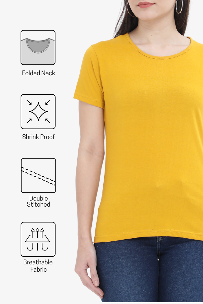 Mustard Yellow Scoop Neck T-Shirt For Women - WowWaves - 5