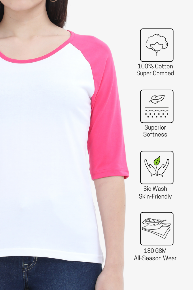 Pink White Raglan Sleeve T-Shirt For Women - WowWaves - 4