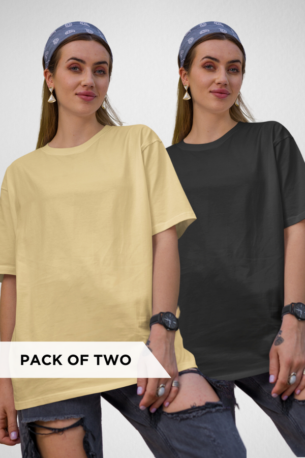 Black And Beige Lightweight Oversized T-Shirts Combo For Women - WowWaves