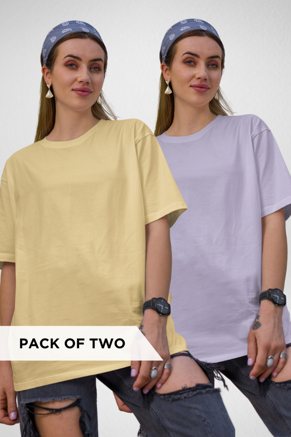 Lavender And Beige Lightweight Oversized T-Shirts Combo For Women - WowWaves