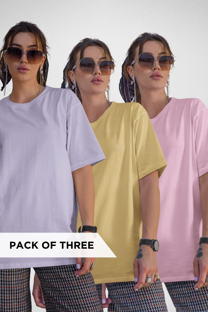 Pack Of 3 Lightweight Oversized T-Shirts Lavender Light Pink And Beige For Women - WowWaves - 1