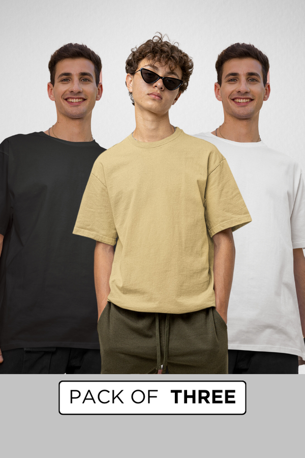 Pack Of 3 Lightweight Oversized T-Shirts White Black And Beige For Men - WowWaves