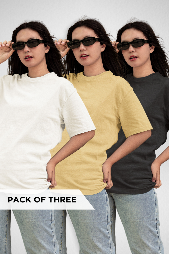 Pack Of 3 Lightweight Oversized T-Shirts White Black And Beige For Women - WowWaves - 1