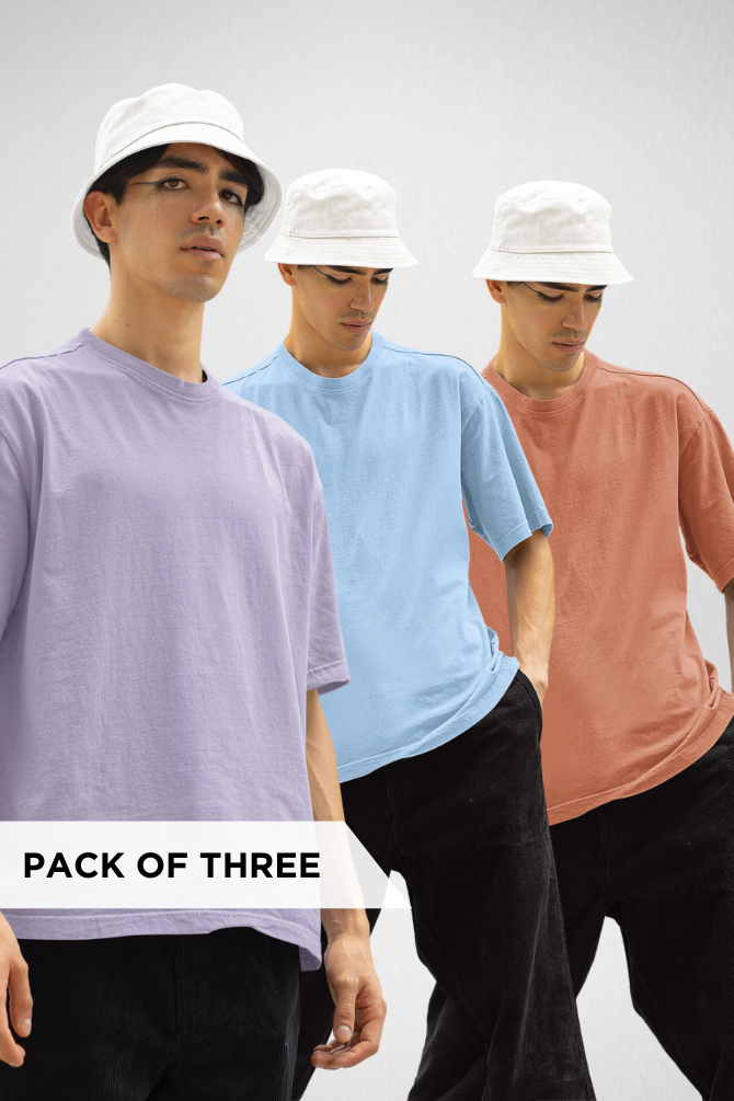 Pack Of 3 Oversized T-Shirts Baby Blue Coral And Lavender For Men - WowWaves - 1