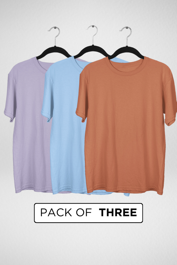 Pack Of 3 Oversized T-Shirts Baby Blue Coral And Lavender For Men - WowWaves