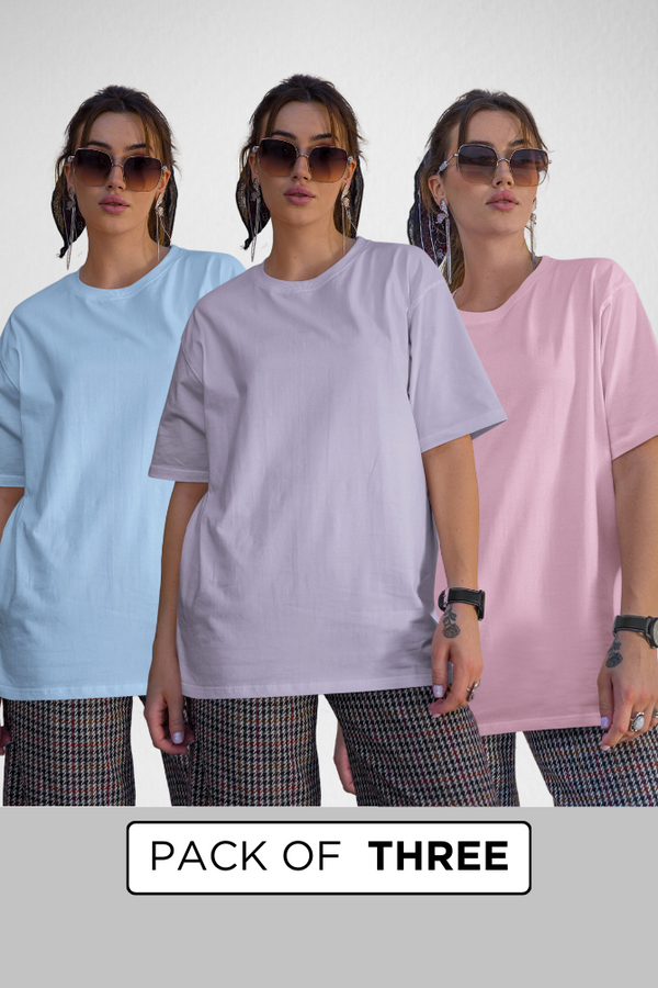 Pack Of 3 Oversized T-Shirts Baby Blue Light Pink And Lavender For Women - WowWaves