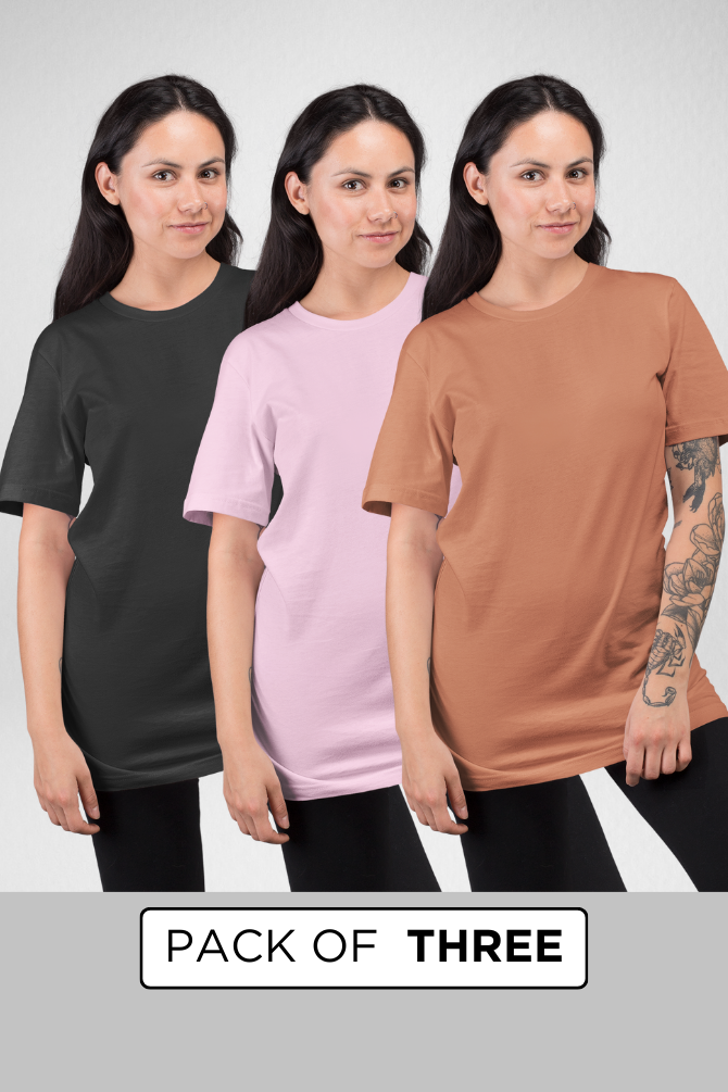 Pack Of 3 Oversized T-Shirts Black Coral And Light Pink For Women - WowWaves