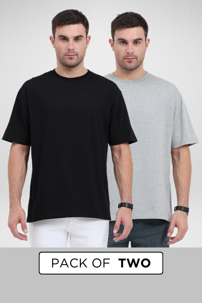 Black And Grey Melange Oversized T-Shirts Combo For Men - WowWaves