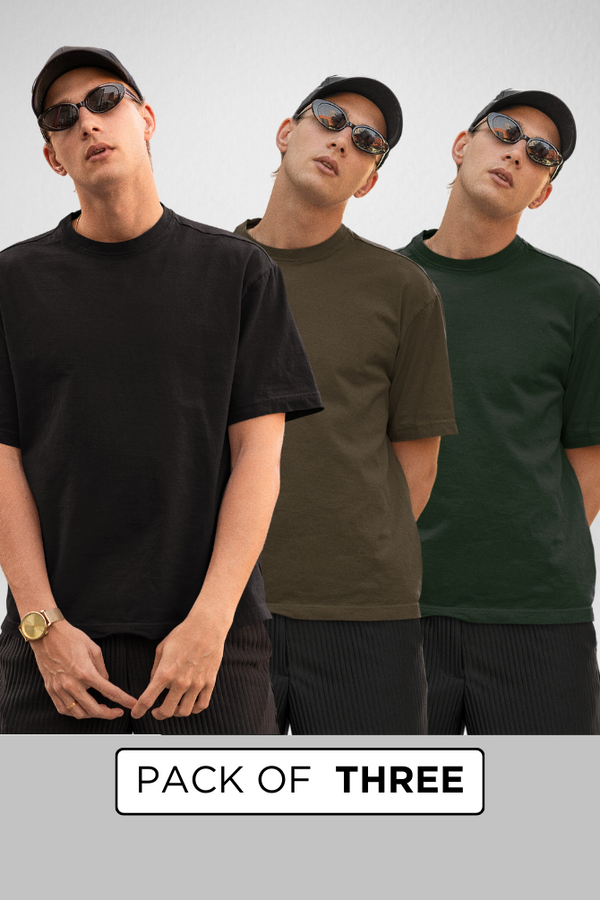 Pack Of 3 Oversized T-Shirts Black Bottle Green And Olive Green For Men - WowWaves