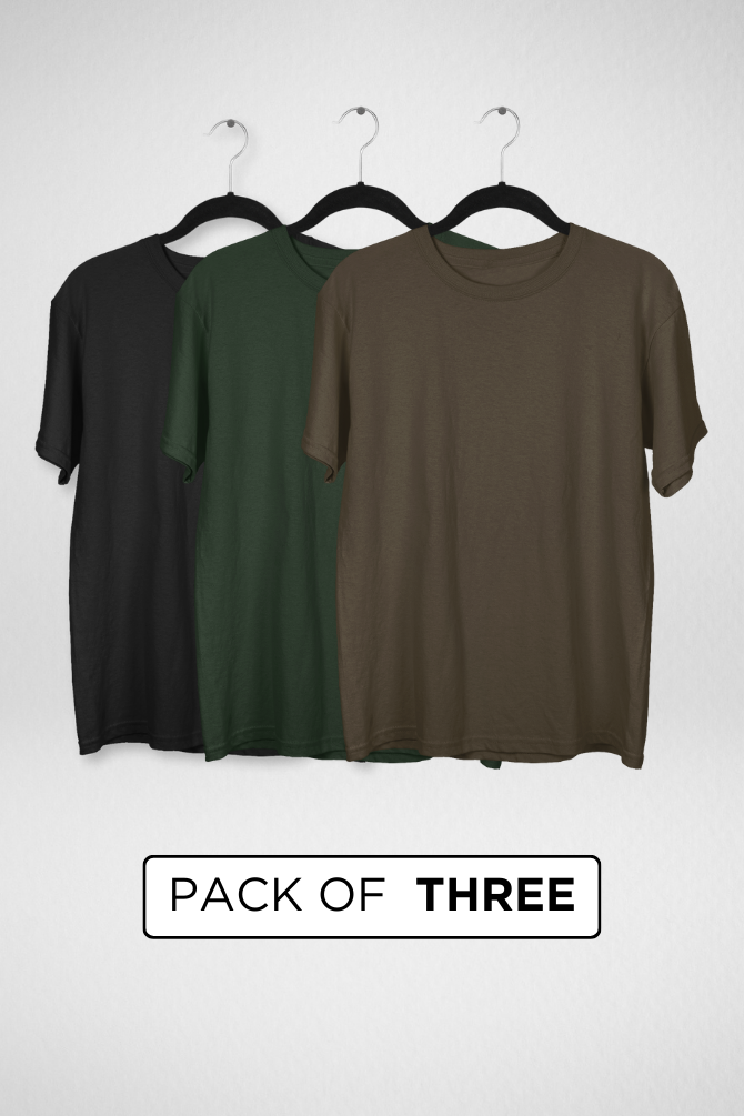 Pack Of 3 Oversized T-Shirts Black Bottle Green And Olive Green For Men - WowWaves - 1