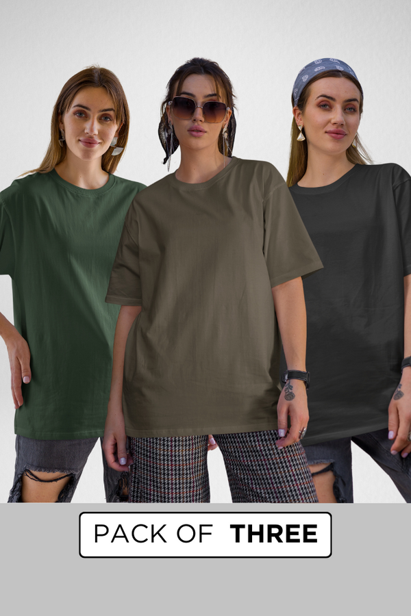 Pack Of 3 Oversized T-Shirts Black Bottle Green And Olive Green For Women - WowWaves