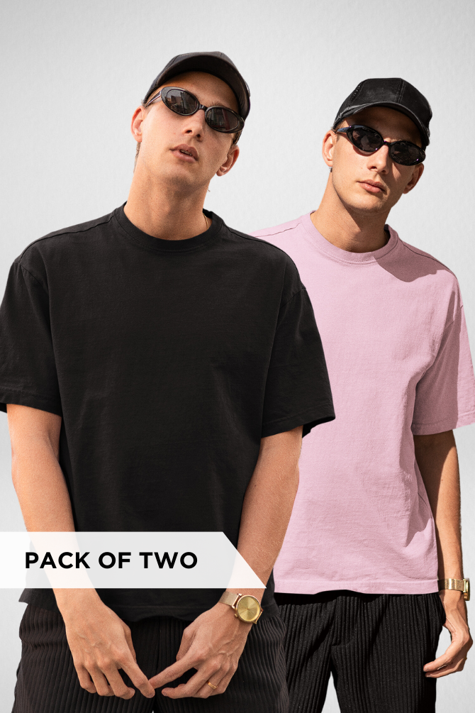 Black And Light Pink Oversized T-Shirts Combo For Men - WowWaves - 1