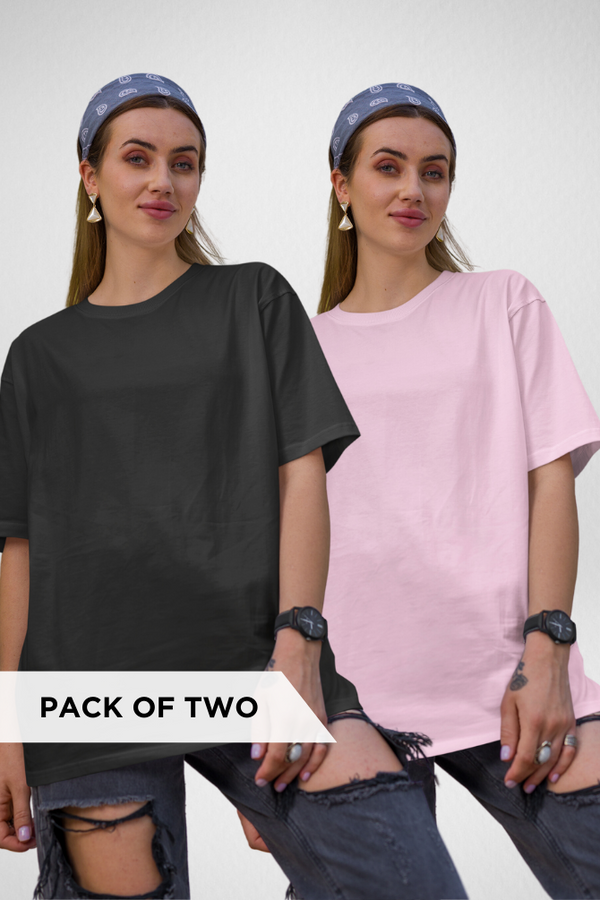 Black And Light Pink Oversized T-Shirts Combo For Women - WowWaves
