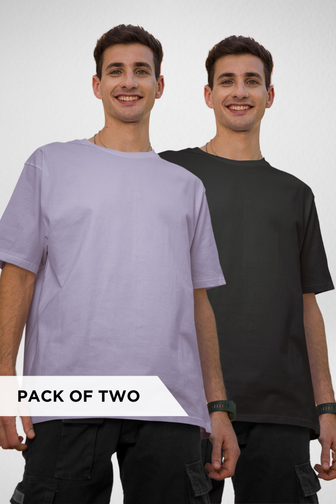 Black And Lavender Oversized T-Shirts Combo For Men - WowWaves - 1