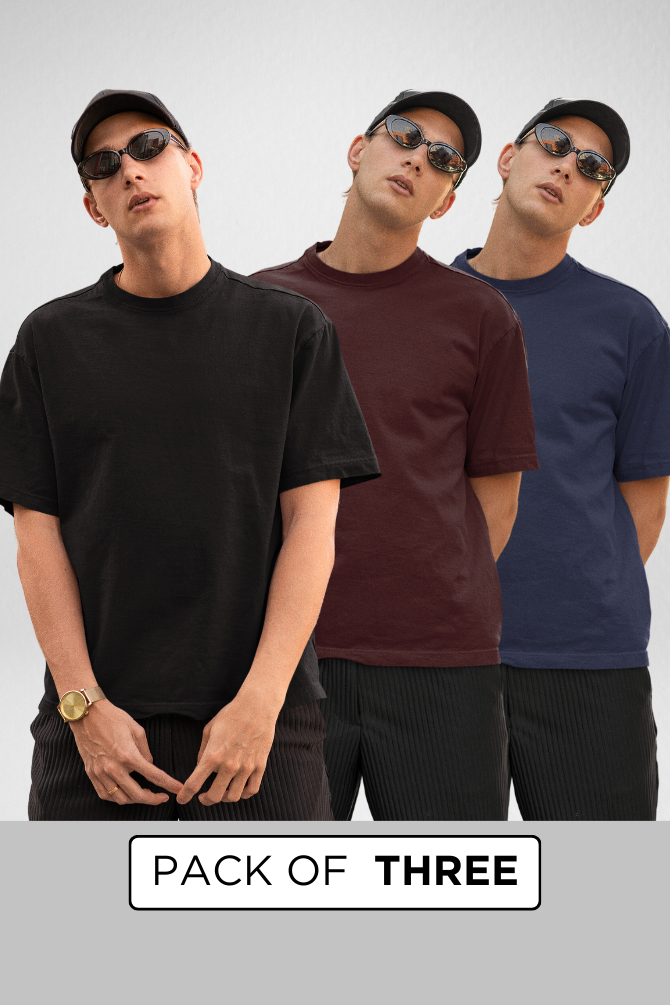 Pack Of 3 Oversized T-Shirts Black Maroon And Navy Blue For Men - WowWaves - 1
