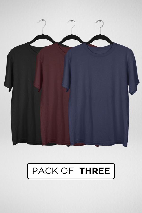Pack Of 3 Oversized T-Shirts Black Maroon And Navy Blue For Men - WowWaves