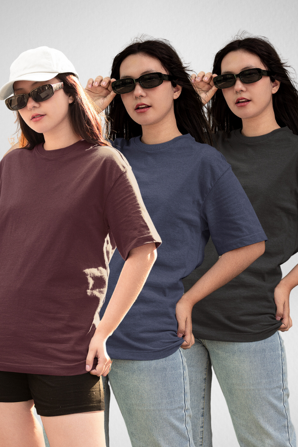 Pack Of 3 Oversized T-Shirts Black Maroon And Navy Blue For Women - WowWaves