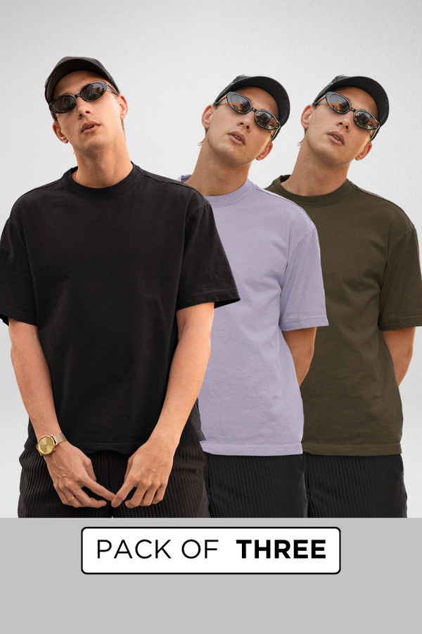 Pack Of 3 Oversized T-Shirts Black Olive Green And Lavender For Men - WowWaves