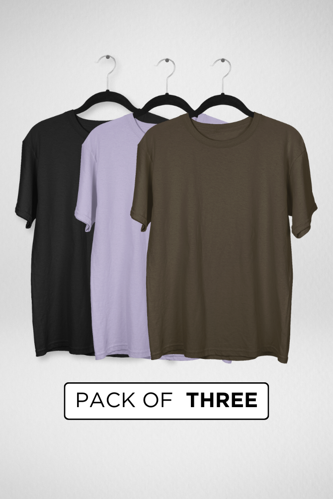 Pack Of 3 Oversized T-Shirts Black Olive Green And Lavender For Men - WowWaves - 1