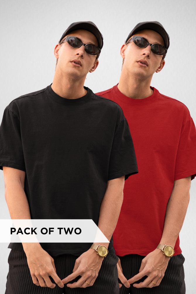 Black And Red Oversized T-Shirts Combo For Men - WowWaves - 1