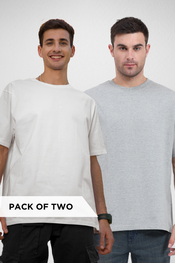 Grey Melange And White Oversized T-Shirts Combo For Men - WowWaves