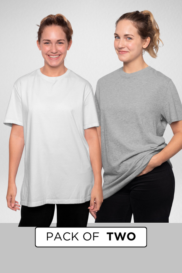 Grey Melange And White Oversized T-Shirts Combo For Women - WowWaves