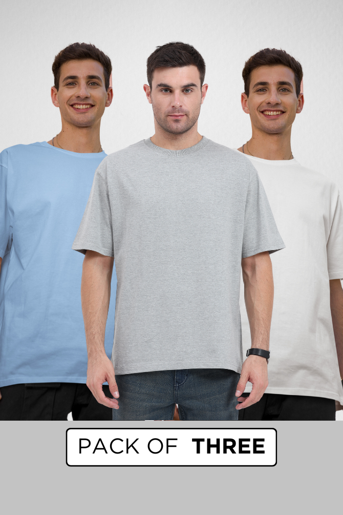 Pack Of 3 Oversized T-Shirts Grey Melange White And Baby Blue For Men - WowWaves - 1