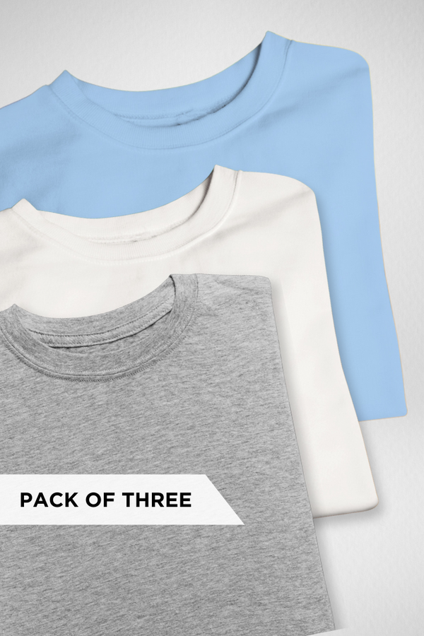 Pack Of 3 Oversized T-Shirts Grey Melange White And Baby Blue For Men - WowWaves