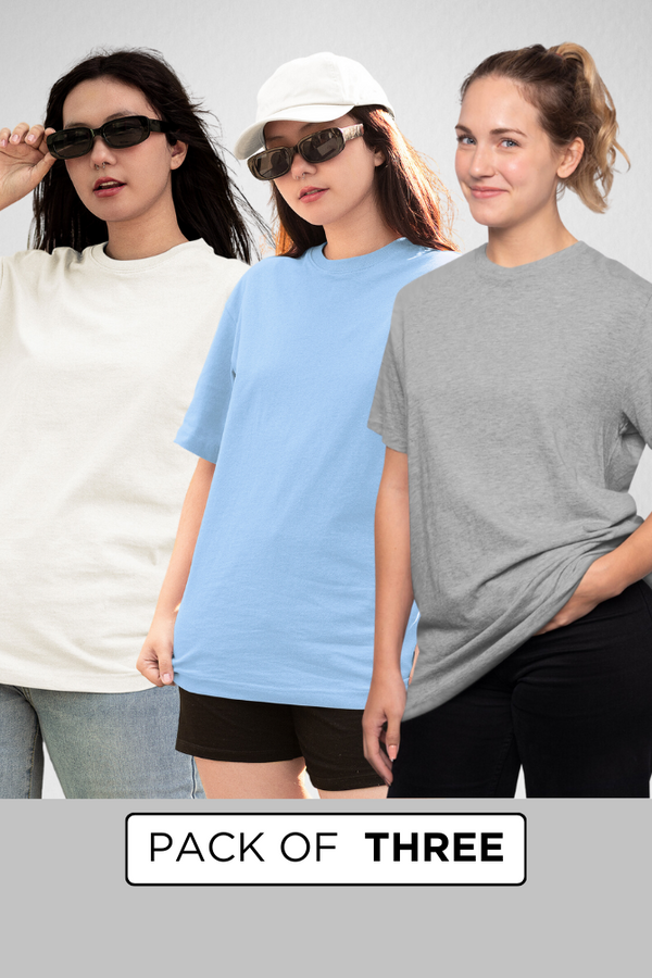Pack Of 3 Oversized T-Shirts Grey Melange White And Baby Blue For Women - WowWaves