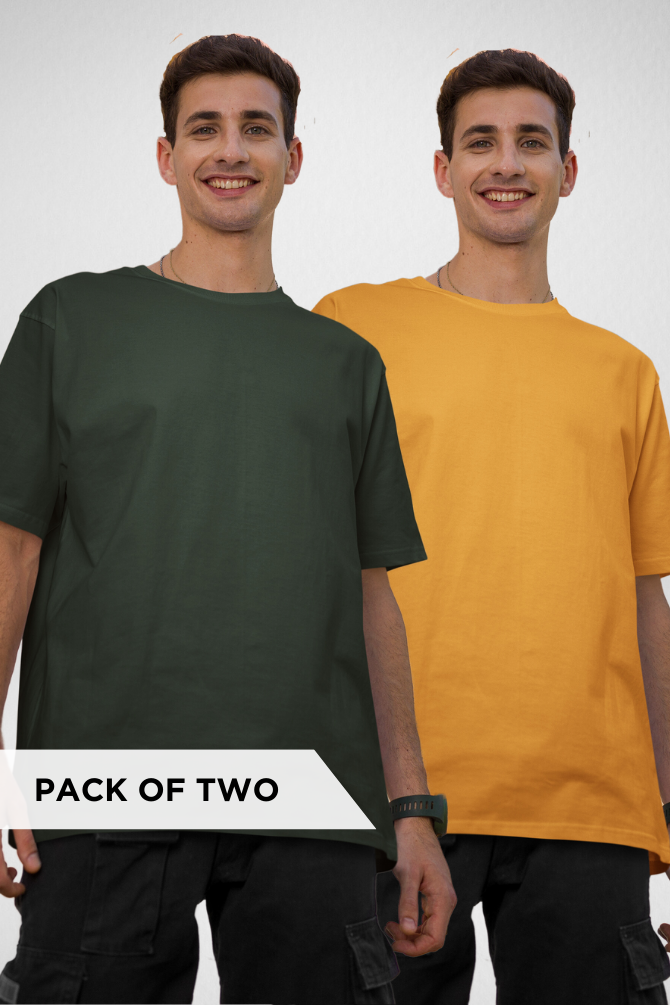 Bottle Green And Golden Yellow Oversized T-Shirts Combo For Men - WowWaves - 1