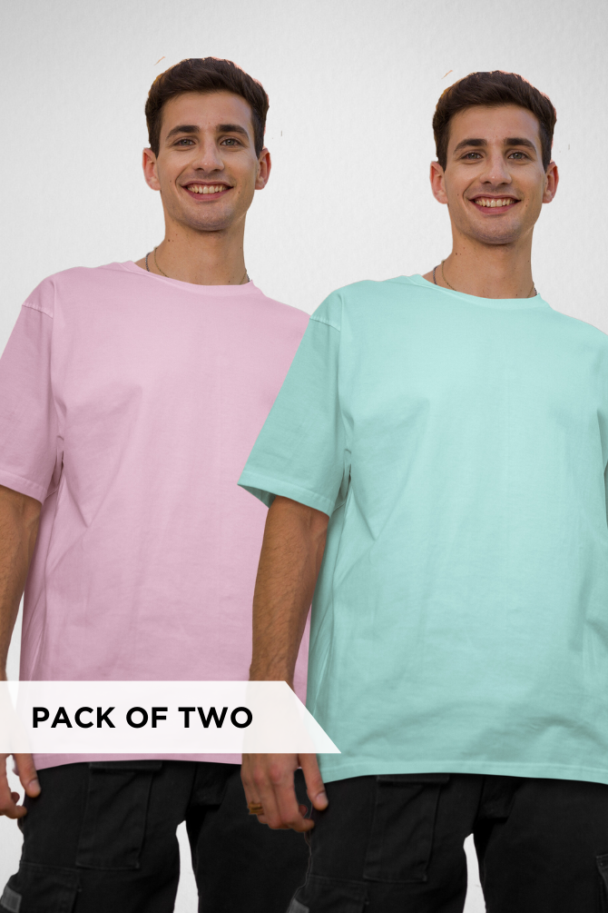 Light Pink And Mint Oversized T-Shirts Combo For Men - WowWaves - 1